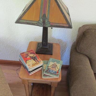 Leaded glass lamp and some vintage magic books