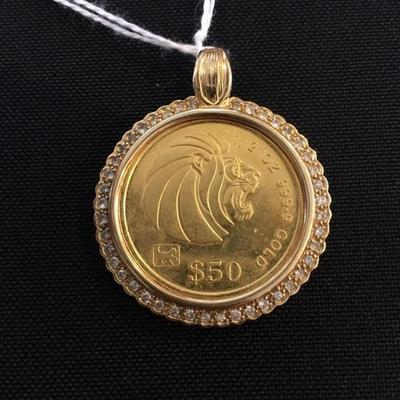Gold Coin Pendant with Diamond Studded Setting 