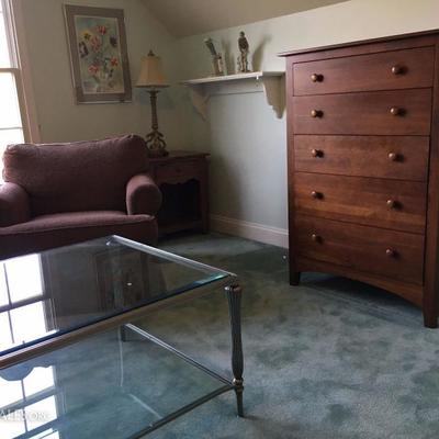 Ethan Allen Five Drawer Dresser, Glass Top Coffee Table, Pair of Upholstered Chairs