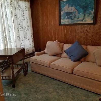 Couch (103”) with 2 matching side couches (one arm each at 72” each), in super condition. Rolling cart.