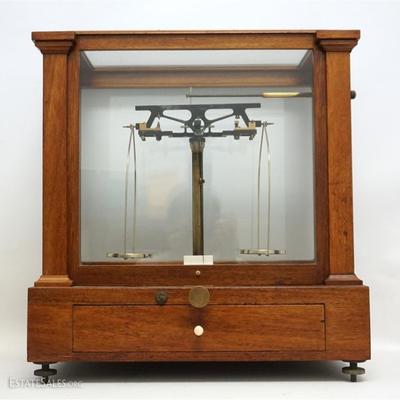 This magnificent working Rosewood and Glass Cased Analytical Balance Scale for Apothecary / Jeweler or Scientific use was made by Henry...