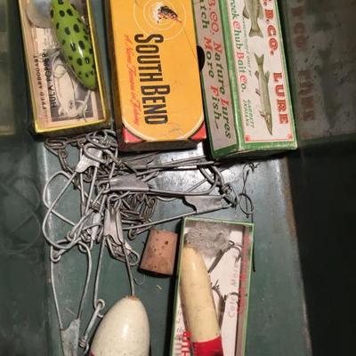 Vintage fishing lures including South Bend
