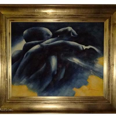 SALENICE SIGNED OIL ON CANVAS PAINTING, ABSTRACT WITH 3 FIGURES, SIGNED LOWER RIGHT
