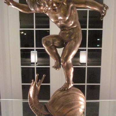 HUGE GIOVANNI CAPPELLETTI BRONZE SCULPTURE, BOY ON SNAIL, GOLD PATINA, CAN BE USED AS FOUNTAIN