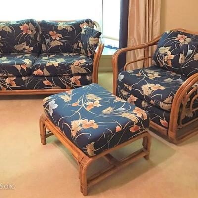 Ratan love seat and matching chair with ottoman