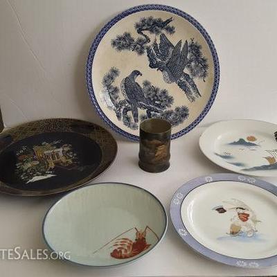 WDG111 Collectible Oriental Ceramic Platters & Brass Cup
