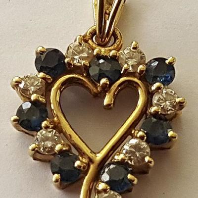 WDG008  14K Gold Heart Pendant w/ Diamonds & Sapphires
