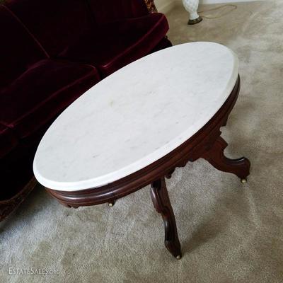 VICTORIAN ANTIQUE marble top, Walnut carved based coffee table, FINAL $95