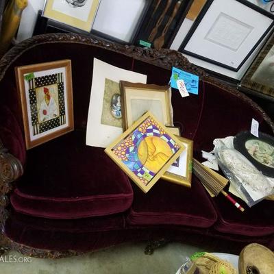 Antique Wool Mohair Burgundy, CArved Walnut Frame with Matching Chair- FINAL-BOTH $285