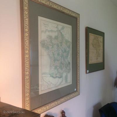Antique map of France hand-colored and professionally framed
