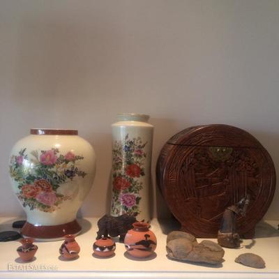 Handcarved Chinese box next to Satsuma ceramic vases