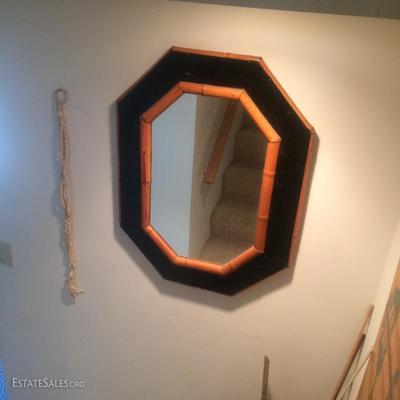 Large octagonal mirror with bamboo