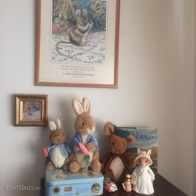 Beatrix Potter framed prints, books, stuffed animals, porcelain and ceramic figurines, etc.