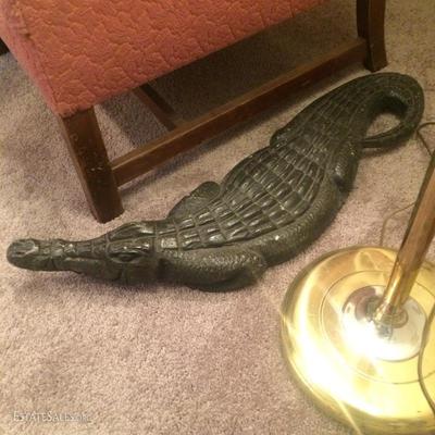 Large sized hand-carved green stone alligator from Africa. Approximately 30 inches long
