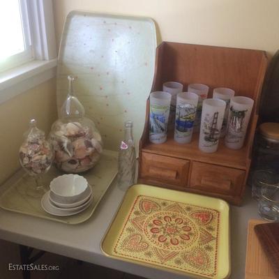 Fiberglass and tin trays. Northwest decorated highball glasses