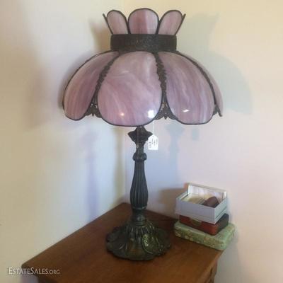 Purple slag glass lamp shade with decorative base