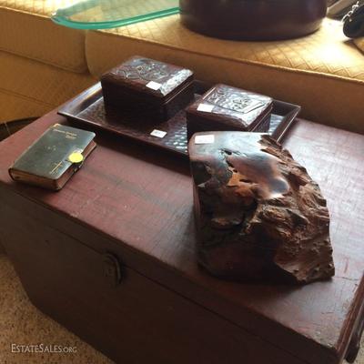 Antique wood box with small craft boxes on top