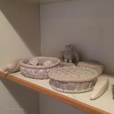 Large collection of hand carved African stoneware boxes and various figures