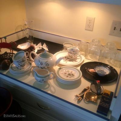  Ceramic dessert set from the mid century. Includes teapot, cake plate, six dessert plates, 6 cup and saucer's and a creamer. Nice...