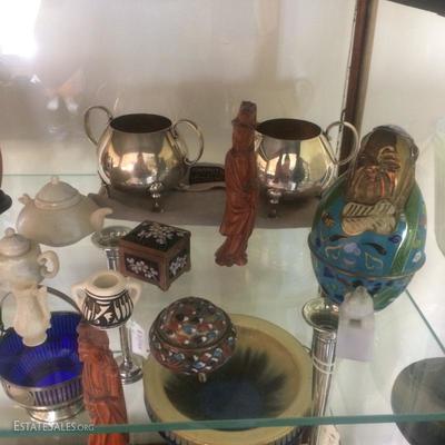 Miniature Zuni part, cloisonnÃ© figure and stamp box, small carved set of soapstone