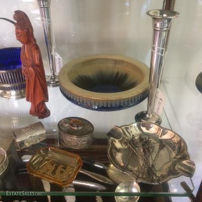 Two weighted sterling silver bud vases, two sterling silver cigar ashtrays, etc.
