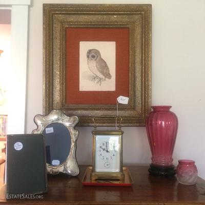 Print of an owl by Albrecht Durer. Professionally framed with a linen wrapped filet. Also two Sterling silver picture frames and two...