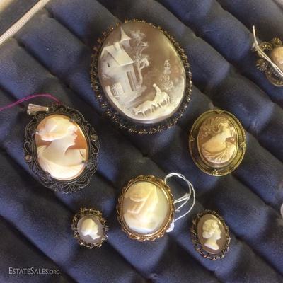 A  selection of  carved shell cameo pins and pendants totalling 10 or more individual items