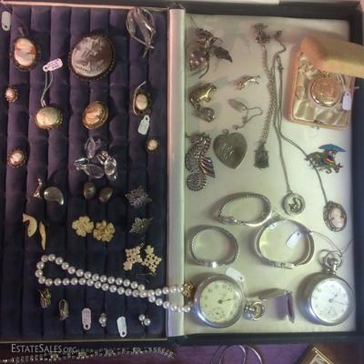  Collection of fine jewelry and costume jewelry. Includes examples of pocket watches, carved cameos pins and broaches and many examples...