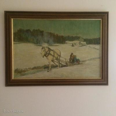 Original painting oil on board of a horse pulling in the snow