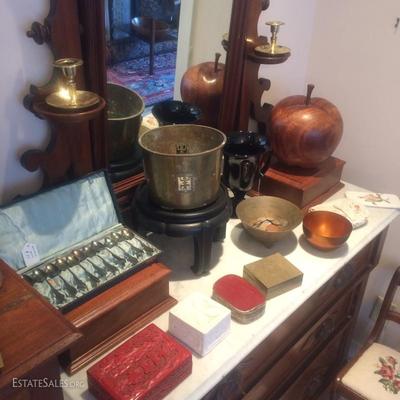 Many collectibles including small boxes, demitasse spoon collection, etc.