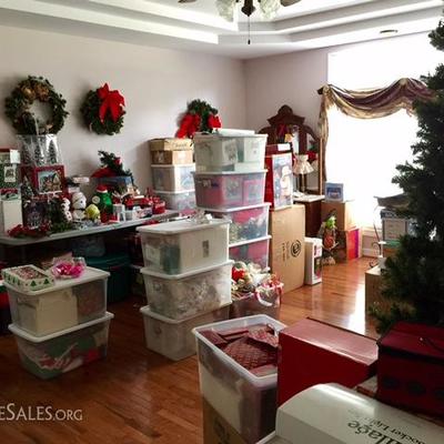 Plethora of Christmas items, and huge Christmas Village with accessories