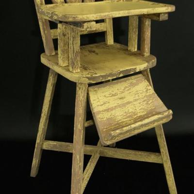 Antique Wood High Chair in Original Shabby Chic Yellow Paint 