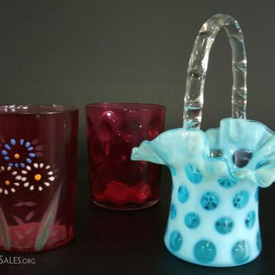 1940s Blue Fenton Coin Dot Clear Handle Basket along with (2) Cranberry Glass Tumblers 