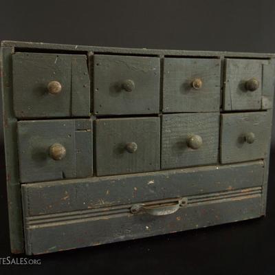 Primitive Folk Art Cheese Box Apothecary 9-Drawer Chest in Blue and Silver Paint 