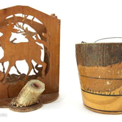 Two pieces of folk art to include a paper and pencil holder along with a miniature wood souvenir bucket 