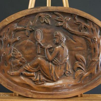 Folk Art Carved Oval Wood Panel 
