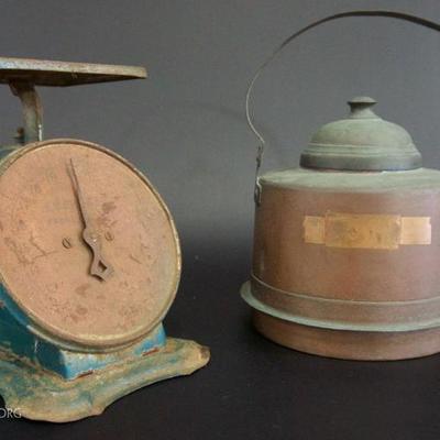 Early Primitive Copper Tea Pot along with a Kitchen Scale in Early Paint