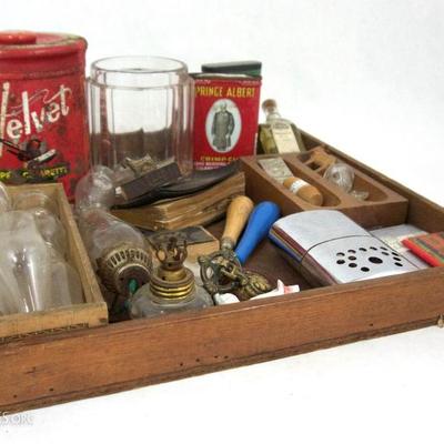 Wood Tray filled with Tobacco Tins, Shaggie Dog Match Holder, and Much More!  