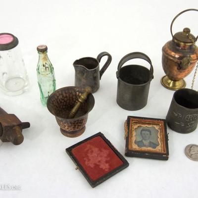 Group of Miniatures to include a framed tin type, beer tap, copper pitcher, and more! 