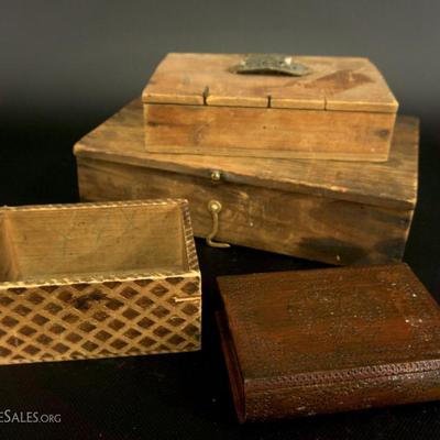 Two Primitive Boxes along with Two Folk Art Boxes 