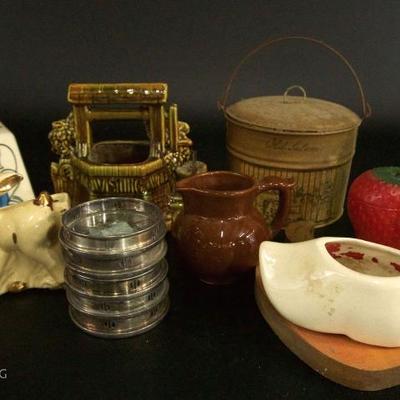 Household Collectibles to include tin lunch pail, McCoy Wishing Well Planter, Strawberry Milk Glass Jam Jar, and More