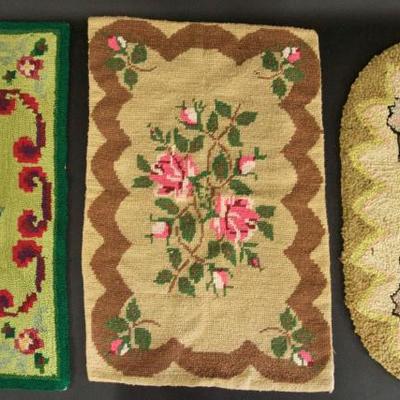 Two 1930s, 40s Hook Rugs along with One Vintage Needlepoint Rug 