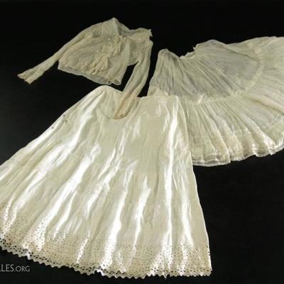 Early 1900s Hand Made Long Sleeve Button Down Blouse along with Two Victorian White Petticoat Skirts 