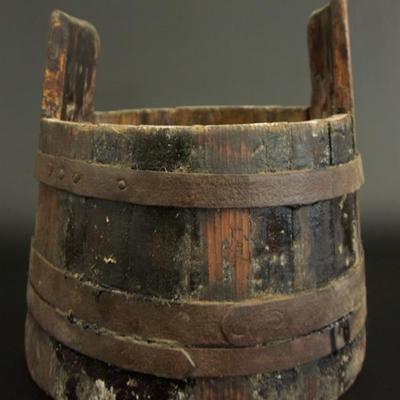 Early Primitive Well Bucket with Hand Forged Iron Bands 