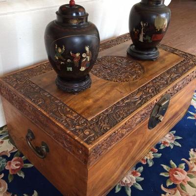 Camphor Trunk with Pair of Ginger Jars