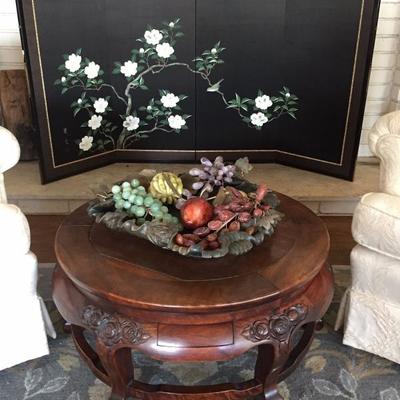 Hand Carved Cocktail Table with Large Carved Stone Waterlily Tray