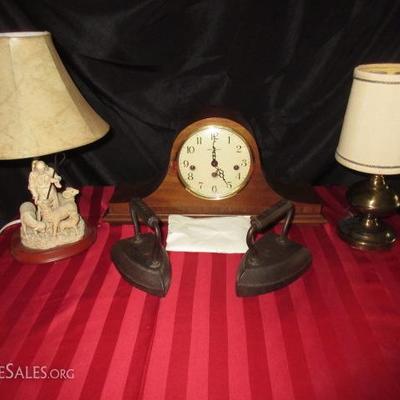 VINTAGE MANTEL CLOCK AND IRONS