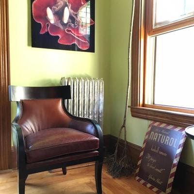 Crate and Barrel Chair (pair available), Twig Hat Stand, Modern Art, Tin Advertising Signs 