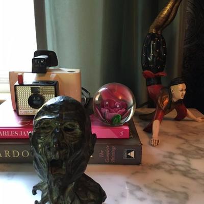 Bronze Bust, Acrobatic Lamps (pair), Vintage Cameras