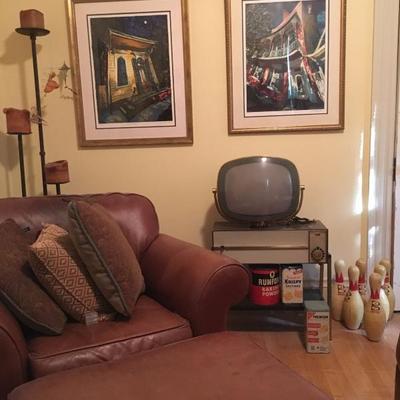 Philco Vintage Television, Leather Club Chairs (pair available), Budweiser Bowling Pins, Vintage Tins, Floor Candle Holders